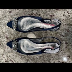 Navy satin and rhinestone sling-back flats